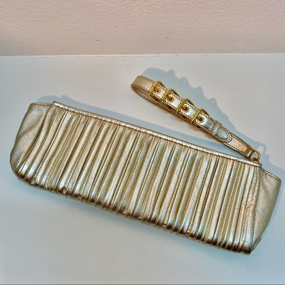 MIU MIU GOLD LEATHER LONG BUCKLE WRISTLET CLUTCH - Picture 1 of 3